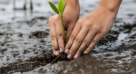 A close-up shot shows two hands gently planting a small green sapling, possibly a mangrove, into dark, wet mud. The hands are pressing the soil around the base of the young plant, symbolizing conservation, new life, reforestation, and environmentalism.の素材
