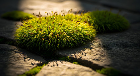 A close-up, macro shot of a vibrant green tuft of moss growing between gray paving stones. The moss is backlit by sunlight, highlighting its delicate fronds and sporophytes, casting long shadows.の素材