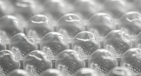 A macro, close-up shot of clear plastic bubble wrap, focusing on the grid of air-filled bubbles. The lighting creates highlights and shadows, emphasizing the texture and pattern of the protective packaging material.の素材