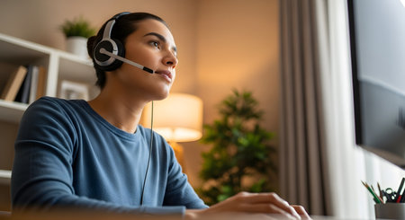 A focused woman wearing a headset with a microphone looks at her computer screen, working from a home office. She is likely a customer service representative, in a video call, or attending an online webinar.の素材