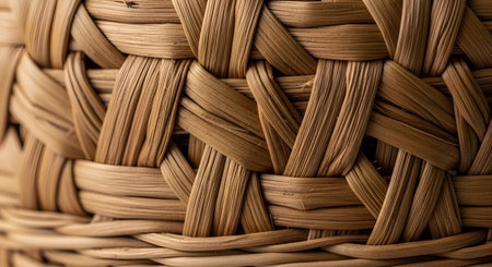 A macro close-up of a woven basket, showing the intricate, crisscross pattern of the natural brown fibers, like wicker or rattan. The detailed texture serves as an abstract, rustic background.の素材