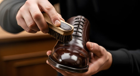 Close-up of a person's hands polishing a shiny brown leather dress shoe. One hand holds the shoe firmly while the other uses a wooden brush to buff the surface, highlighting shoe care, craftsmanship, and maintenance.の素材