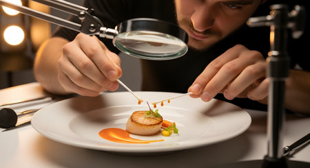 A chef meticulously plates a gourmet dish, using two cotton swabs to add tiny drops of sauce to a seared scallop. He is looking through a large, articulated magnifying glass to ensure perfect precision. This image represents haute cuisine, fine dining, and culinary perfectionism.の素材