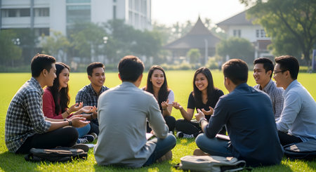 A group of young Asian students, likely from Indonesia, are sitting in a circle on a lush green campus lawn. They are engaged in an animated discussion, smiling and gesturing, with university buildings visible in the background. The scene suggests collaboration, friendship, and outdoor study.の素材
