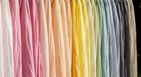 A row of colorful fabrics, possibly t-shirts, hangs in a line, arranged in a soft rainbow spectrum. The natural light highlights the folds and textures of the textiles, which range from pink and peach to yellow, green, and blue. The image evokes concepts of color, textiles, and choice.の素材