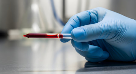 A close-up of a scientist's hand in a blue nitrile glove, holding a small glass capillary tube filled with a blood sample in a laboratory setting. The stainless steel background emphasizes the clinical environment for medical testing, research, and analysis.の素材