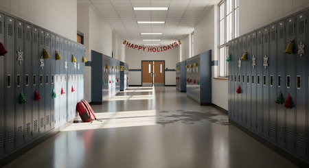 An empty school hallway with rows of blue lockers is decorated with festive bells for the holidays. Sunlight streams through the windows, illuminating a lone red backpack on the floor and a 'Happy Holidays' banner in the distance, conveying a quiet, peaceful feeling of winter break.の素材