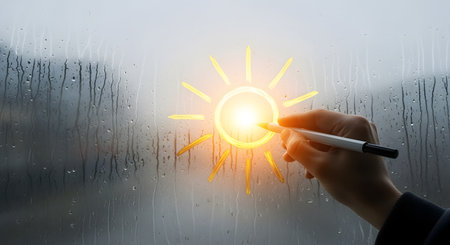 A person's hand uses a white pen or stylus to draw a glowing yellow sun on a window covered in raindrops and condensation. The bright, cheerful drawing contrasts with the gloomy, wet weather outside, symbolizing hope, positivity, and optimism.の素材