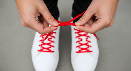 A top-down view of a person's hands tying the bright red shoelaces on a pair of clean white sneakers. The person is standing on a grey pavement, and the image captures the action of making a bow.の素材
