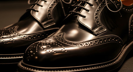 A detailed close-up shot of a pair of classic men's black leather brogue dress shoes. The image highlights the high-quality craftsmanship, polished leather, and decorative perforations (broguing) of the formal footwear.の素材