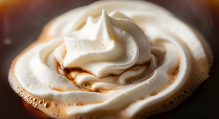 A detailed macro shot of a perfect swirl of white whipped cream floating on top of dark coffee. The cream is just beginning to melt and mix with the dark liquid, creating small bubbles and light brown swirls. This image evokes comfort, indulgence, and a cozy cafe experience.の素材