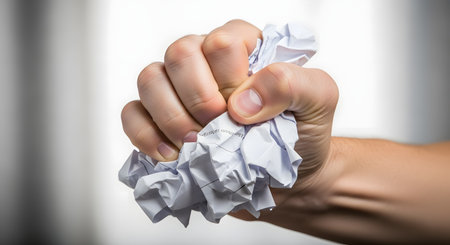 A powerful close-up shot of a man's hand tightly clenching and crumpling a piece of white paper into a ball. This action conveys strong emotions such as anger, frustration, stress, or the rejection of an idea.の素材