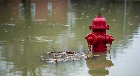 A bright red fire hydrant stands partially submerged in murky floodwater on a flooded street. A building is blurred in the background, and debris floats on the water's surface. This image depicts the aftermath of a flood or natural disaster.の素材