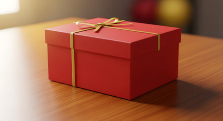 A simple and elegant red gift box is tied with a delicate gold ribbon and bow, sitting on a polished wooden table. The warm lighting creates a feeling of anticipation and is perfect for concepts related to birthdays, anniversaries, Christmas, or any special celebration.の素材