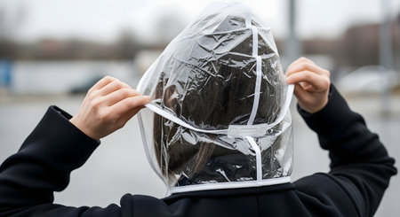 A rear view of a person wearing a black coat and putting on a transparent plastic rain hood. The image focuses on the practical rain gear against a blurred outdoor background on an overcast day.の素材