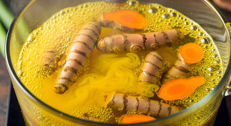 A close-up shot of fresh turmeric roots and slices boiling in a glass pot of water. The water is a vibrant yellow color from the spice, with small bubbles on the surface. This image represents herbal medicine, natural remedies, and healthy tea.の素材
