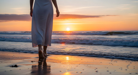 A woman in a white dress is walking barefoot on a wet sandy beach towards the ocean. The sun is setting on the horizon, casting a warm golden and orange glow over the water and creating a reflection. The scene evokes peace, tranquility, and relaxation.の素材