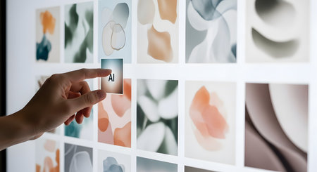 A person's hand selects an image tile labeled 'AI' from a large digital screen or light table. The screen displays a grid of many different abstract, colorful, AI-generated art images, representing concepts of artificial intelligence, image generation, creativity, and technology.の素材