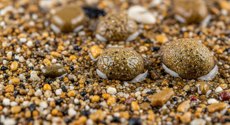 An extreme macro close-up of wet sand and small pebbles of various colors (brown, black, yellow). Large, clear water droplets are beaded on the surface of the rounded stones, highlighting the intricate details and textures of a beach or riverbed.の素材