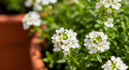 A vibrant close-up of small, delicate white Sweet Alyssum flowers with yellow centers. The clusters of tiny blossoms are in sharp focus against a background of green foliage and a terracotta pot, symbolizing spring, purity, and natural beauty.の素材