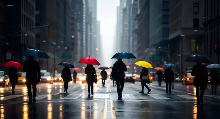 A crowd of anonymous people holding colorful umbrellas walk across a wet street in a bustling city during a rainy day. The gloomy, atmospheric scene with reflections on the asphalt captures the essence of urban life and the daily commute in bad weather.の素材