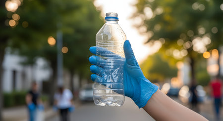A person's hand, wearing a blue nitrile glove, holds up an empty, crumpled plastic water bottle. The background is a blurred street with trees and people, suggesting a park cleanup or community service event. The image relates to recycling, pollution, and volunteering.の素材