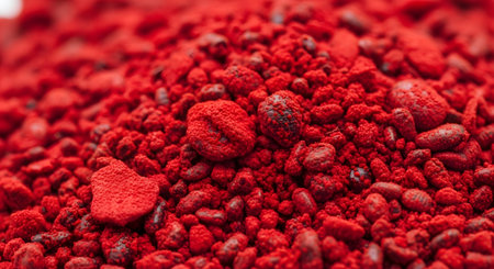 An extreme close-up macro photograph of a pile of vibrant, granular red powder. The intricate texture of the pigment or spice creates a rich and detailed abstract background.の素材