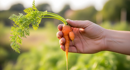 A person's hand holds a freshly picked, organically shaped carrot with lush green tops against a blurred garden background. This image represents the concepts of harvesting, organic farming, farm-to-table food, and the beauty of imperfect vegetables.の素材