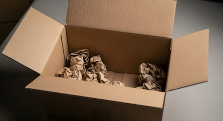 An open, empty brown cardboard box with crumpled brown paper used for packing and protection inside. The image relates to shipping, e-commerce, moving, unboxing, or recycling.の素材
