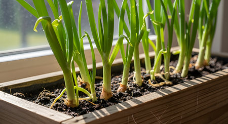 A row of fresh green onions or scallions grows in a rustic wooden planter box, placed on a windowsill to catch the sunlight. This image illustrates the concept of a home herb garden, urban gardening, and growing your own fresh produce sustainably.の素材
