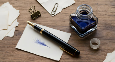 A classic black and gold fountain pen rests on a small piece of white paper with a blue feather drawn on it. An open inkwell of blue ink, office clips, and torn paper are arranged on a wooden desk. This image evokes writing, calligraphy, and vintage correspondence.の素材