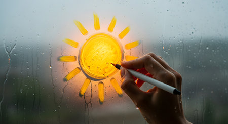 A person's hand uses a yellow marker to draw a bright, glowing sun on a windowpane covered in rain and condensation. The contrast between the cheerful drawing and the gloomy, wet weather outside evokes hope, optimism, and positive thinking.の素材