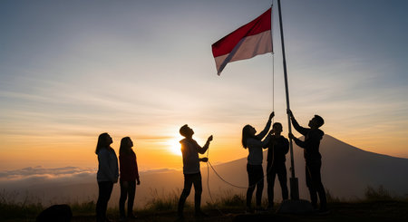 Silhouettes of a group of young people raising the Indonesian flag on a mountaintop at sunrise. The sun is cresting the horizon, casting a warm glow, with a volcano and clouds in the background, symbolizing patriotism and teamwork.の素材