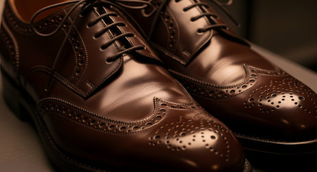 A close-up shot of a pair of luxury, polished, dark brown leather men's dress shoes. The focus is on the intricate perforation and stitching of the brogue and wingtip design. This image represents men's fashion, formal wear, craftsmanship, and luxury.の素材