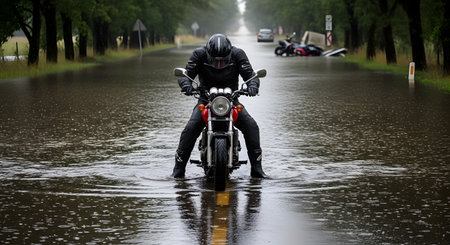 A lone motorcyclist wearing a helmet and full gear is stopped in the middle of a flooded road during a heavy downpour. The scene conveys a sense of challenge, resilience, and adventure in the face of extreme weather and difficult travel conditions.の素材