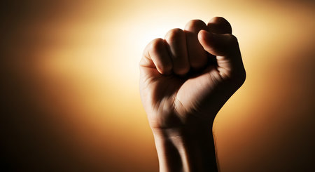 A powerful, backlit image of a clenched fist raised in the air against a warm, glowing background. This is a universal symbol of protest, strength, solidarity, revolution, and determination.の素材