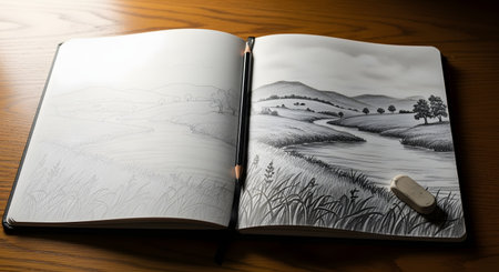 An open sketchbook on a wooden table shows the progression of a pencil drawing. The left page is a light outline of a river landscape, while the right page is a beautifully shaded and detailed final version, illustrating the artistic process.の素材