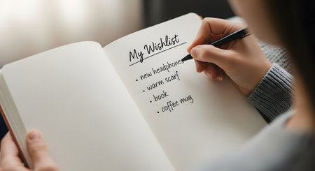 An over-the-shoulder view of a person writing in an open notebook with a black pen. The page is titled 'My Wishlist' in cursive, followed by a bulleted list including 'new headphones', 'warm scarf', 'book', and 'coffee mug'. This image represents goals, planning, shopping, or holiday wishes.の素材