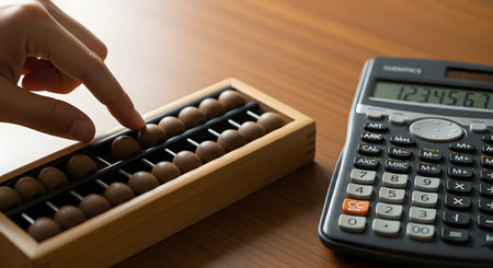 A person's finger uses a traditional wooden abacus for calculation, which sits next to a modern electronic calculator on a desk. This image contrasts old and new technology, representing concepts of mathematics, accounting, finance, and the evolution of calculation methods.の素材