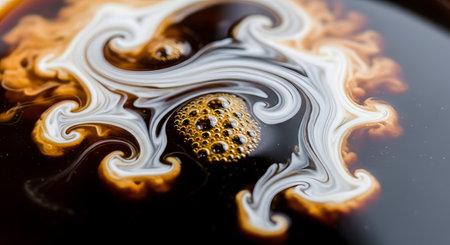 A mesmerizing macro photograph captures the moment cream is swirled into dark coffee, creating beautiful, intricate patterns and textures. The abstract image highlights the mixing of liquids and the rich colors of a morning beverage.の素材