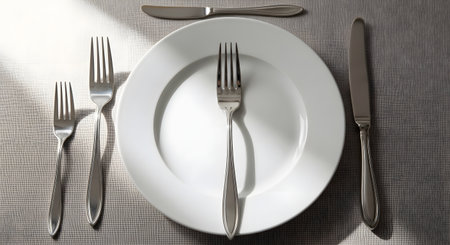 A minimalist and modern formal table setting, viewed from above. A clean white plate rests on a grey tablecloth, with a fork placed vertically on it. Silverware, including forks, knives, are arranged correctly around the plate, illuminated by strong directional light.の素材