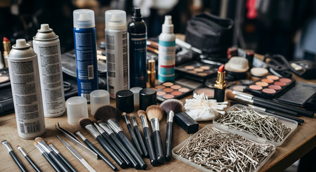 A cluttered wooden table backstage at a fashion show or salon, covered with a wide array of professional makeup and hairstyling tools. The items include brushes, eyeshadow palettes, lipsticks, hairsprays, and bobby pins.の素材