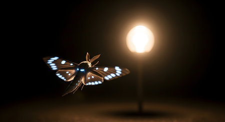 A beautiful moth with glowing, bioluminescent spots on its wings flies towards a single, warm light bulb in complete darkness. The scene represents attraction, hope, guidance, destiny, and the irresistible pull towards a goal.の素材