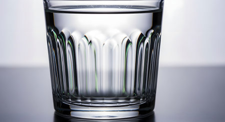A close-up of a faceted, old-fashioned glass tumbler filled with clear, still water. The image is shot against a light, neutral background, emphasizing the clarity of the water and the reflections in the glass.の素材