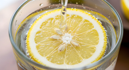 A macro close-up of a fresh lemon slice in a glass of sparkling water. Water is being poured onto the lemon, creating bubbles and showing the fruit's texture and seeds.の素材