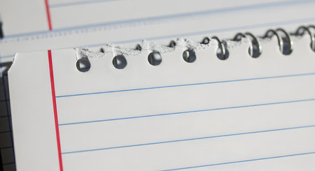 A detailed macro photograph of a lined paper page torn from a spiral-bound notebook. The focus is on the ripped edges around the punched holes, creating a background for education, office, or writing concepts.の素材