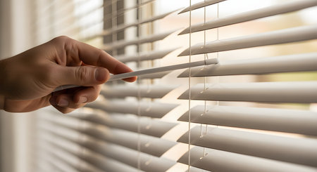 A close-up of a person's hand using the wand to tilt the slats of white venetian blinds, adjusting the amount of light coming into a room. The image represents concepts of privacy, light control, and home interior details.の素材