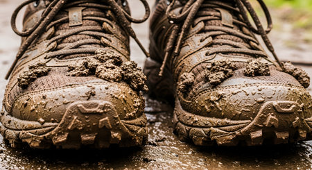 A close-up, front-on view of a pair of athletic running shoes covered in thick, wet mud. The image signifies adventure, trail running, obstacle course racing, hiking, and the joy of playing outdoors.の素材