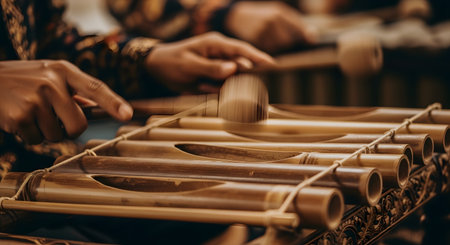 A close-up shot of a musician's hands playing a traditional Indonesian bamboo musical instrument, likely an angklung or similar gamelan instrument. The person is wearing a traditional batik shirt, playing with wooden mallets, conveying culture and performance.の素材