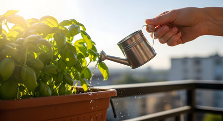 A hand uses a small, decorative metal watering can to water a lush green basil plant in a planter on a sunny balcony. The bright sunlight creates a warm and peaceful atmosphere, symbolizing urban gardening, growing your own herbs, and a sustainable lifestyle.の素材